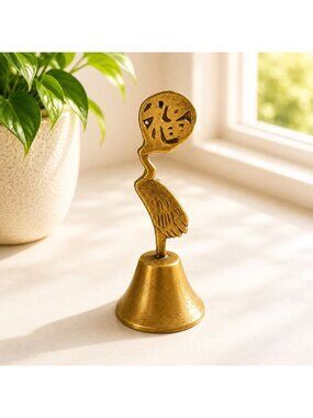 Vintage Brass Crane Bell with Abstract Openwork Finial